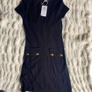 NWT 2Chic Luxe Little Black Short Sleeve Knit Dress With Pockets Gold Buttons